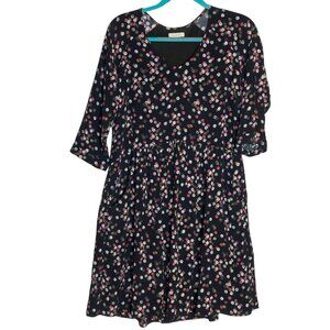 Garnet Hill Black Floral Multicolor Dot 3/4 Sleeve Dress Office‎ Pockets Sz 4